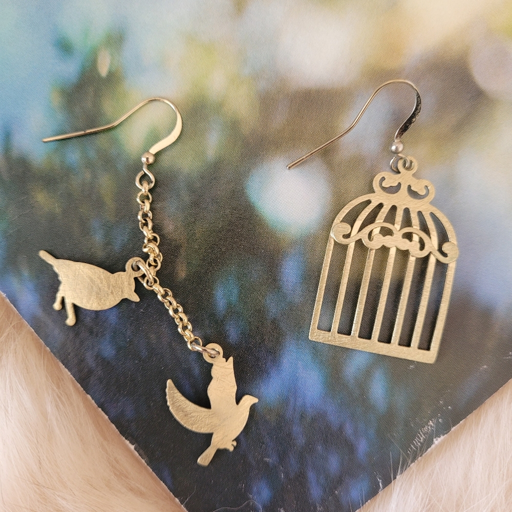 Gold Bird Cage and Bird Earrings